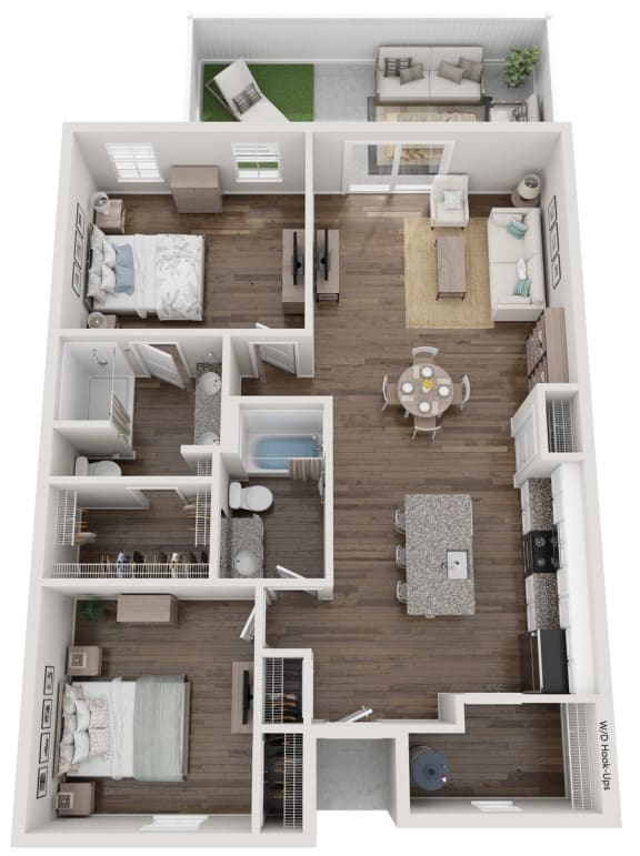 a 3d rendering of a floor plan with a bedroom and living room