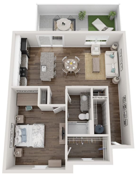 a 3d rendering of a floor plan with a bedroom and a living room