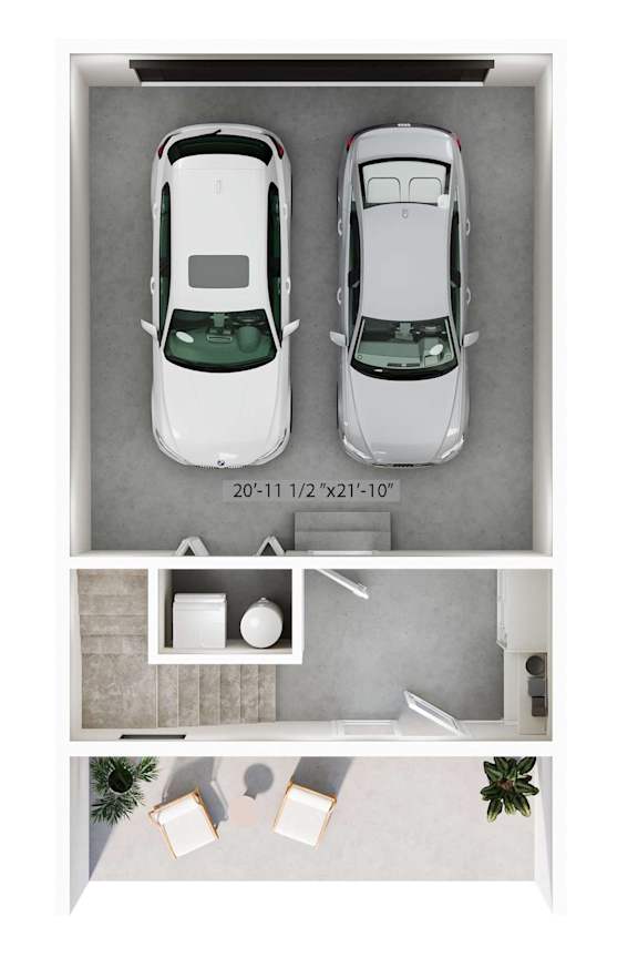 Two white cars are parked in a parking garage.
