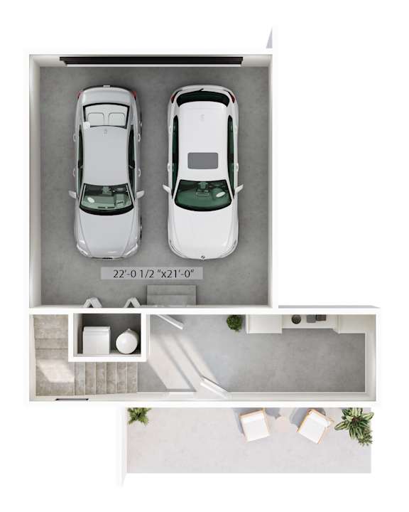 Two white cars are parked in a garage.