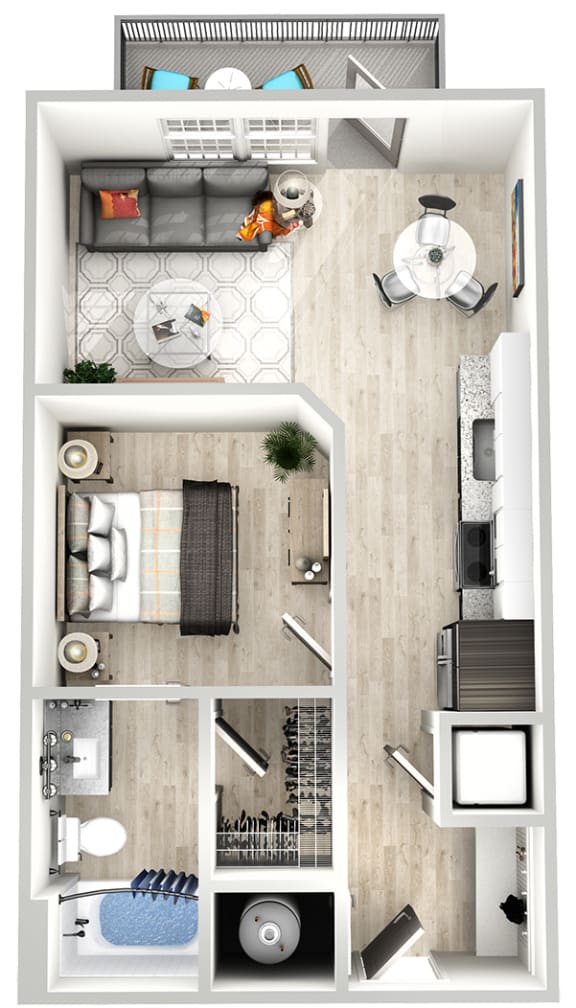a bedroom floor plan with a bathroom and a living room