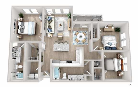 A 3D floor plan of a house with multiple rooms and furniture.