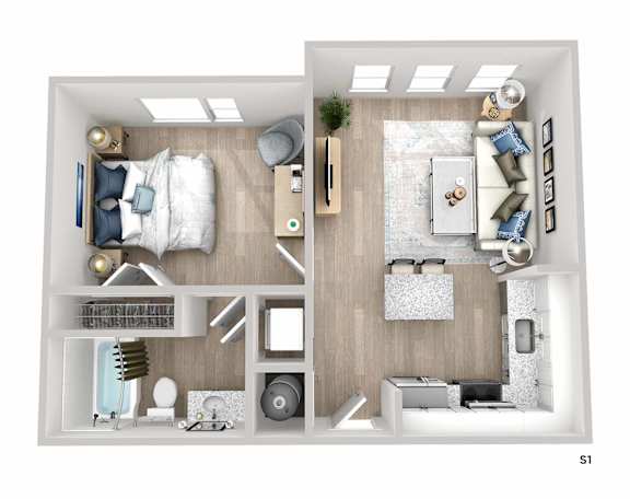 A top-down view of a well-furnished bedroom and bathroom.