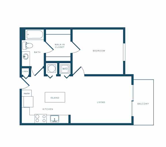 A floor plan of a small apartment with a living room, kitchen, bedroom, and bathroom.