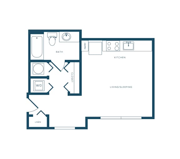 A floor plan of a small apartment with a living room, kitchen, and bathroom.