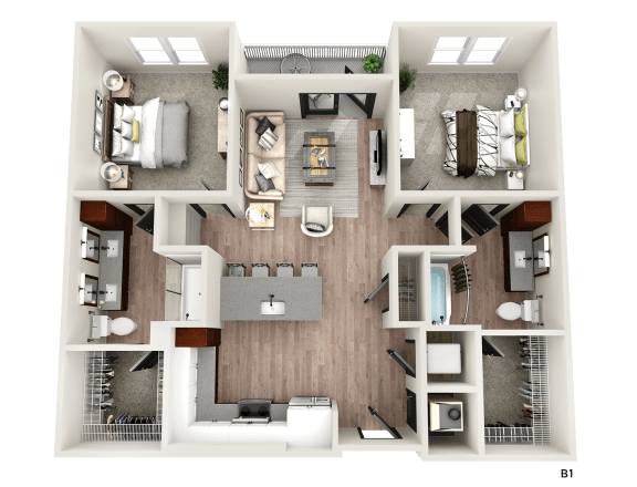 a 3d floor plan of a room with a bedroom and a bathroom