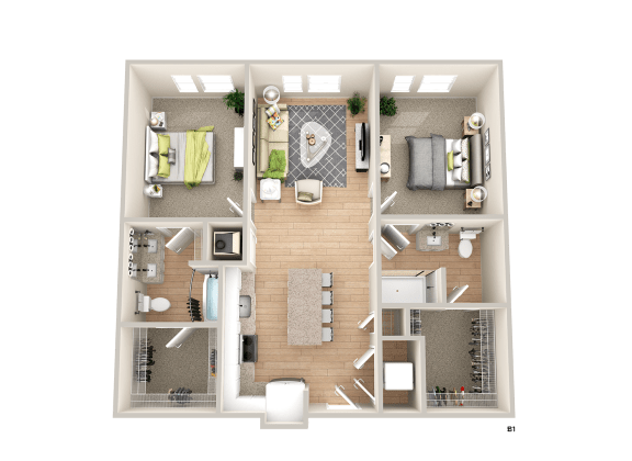 a 3d floor plan of a bedroom with a bathroom and a living room