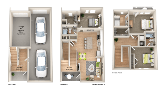 3d floor plan of a house with bedrooms and a garage