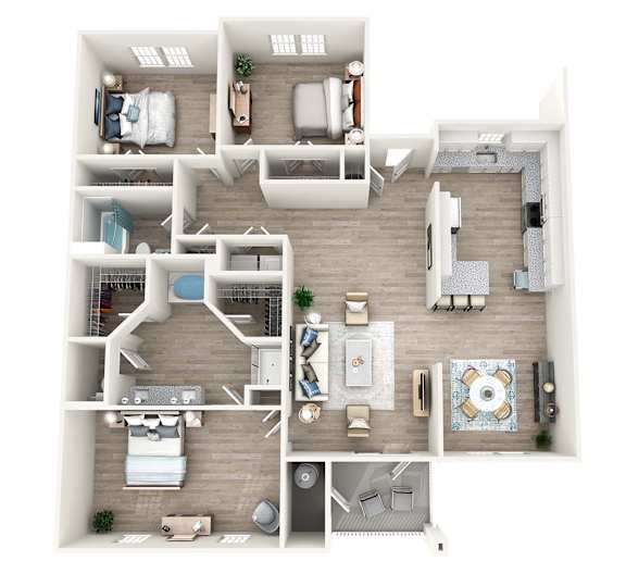 A 3D floor plan of a house with multiple rooms and furniture.