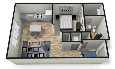 A 3D floor plan of a house with a kitchen, living room, and bedrooms.