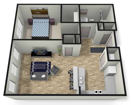 A 3D floor plan of a house with a kitchen, living room, and two bedrooms.