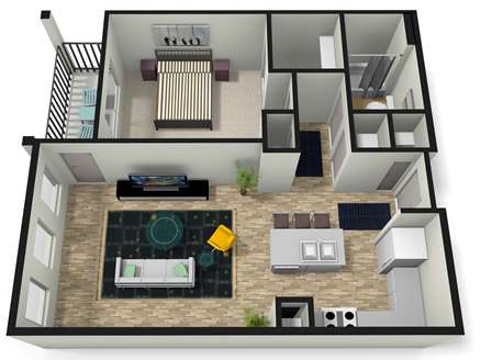 A 3D floor plan of a house with a kitchen, living room, and bathroom.