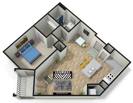 A 3D floor plan of a house with a living room, kitchen, dining room, and bedrooms.