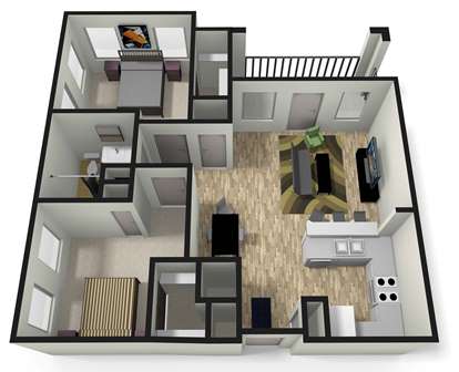 A 3D floor plan of a house with a living room, kitchen, and two bedrooms.