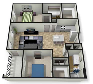 A 3D floor plan of a house with a living room, kitchen, and bedrooms.