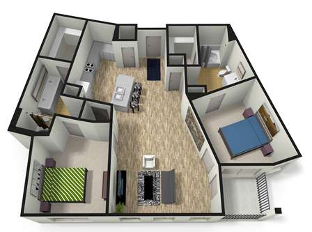 A 3D floor plan of a house with a living room, kitchen, and dining area.