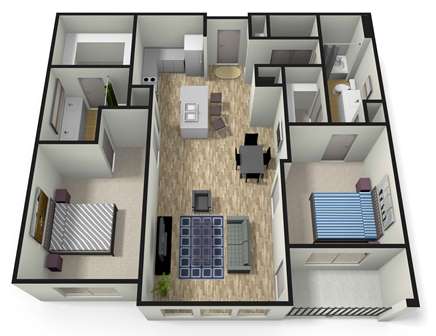 A 3D floor plan of a house with a kitchen, living room, and bedrooms.
