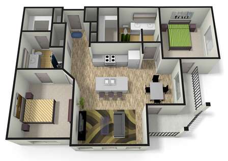 A 3D floor plan of a house with a living room, kitchen, and two bedrooms.