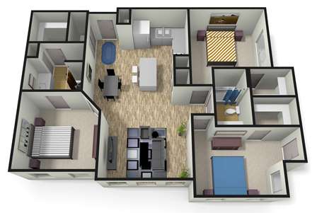 A 3D floor plan of a house with a living room, kitchen, and bedrooms.