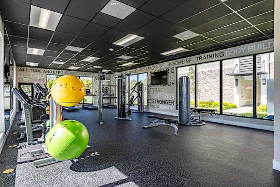 A gym with a green ball in the foreground.