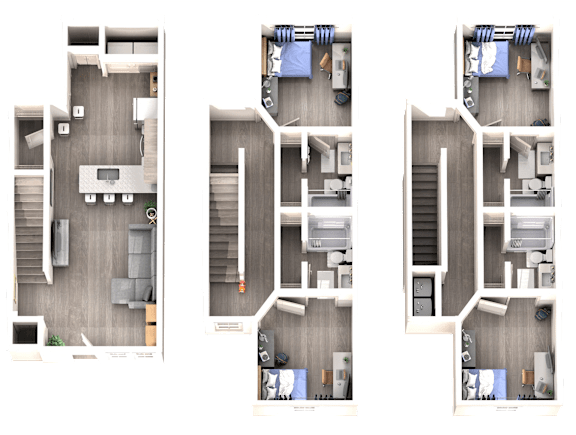Three different layouts of a room with furniture and appliances.