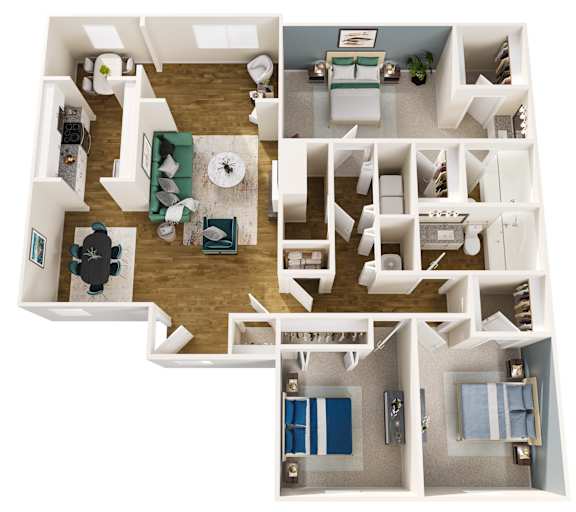 A top down view of a house interior with a living room, dining room, kitchen, and bedrooms.