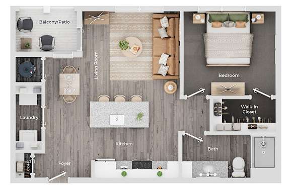 A floor plan of a house showing a living room, kitchen, bedroom, and bathroom.