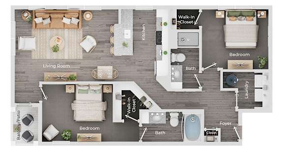 A floor plan of a house showing a living room, kitchen, and two bedrooms.
