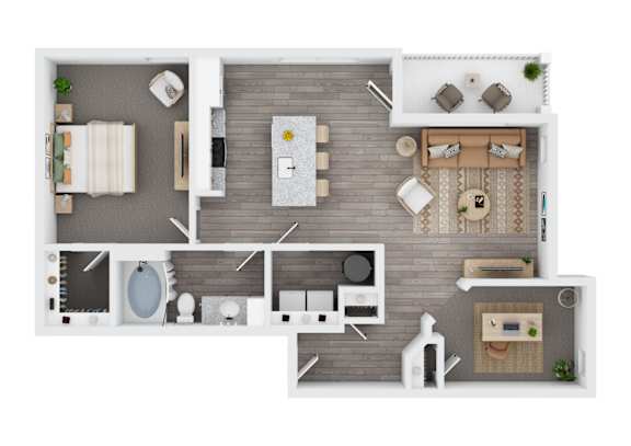 A top-down view of a small apartment with a kitchen, living room, and bathroom.
