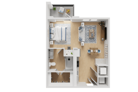 A 3D rendered image of a small apartment layout.