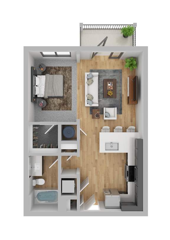 A top-down view of a small apartment with a kitchen, living room, and bathroom.