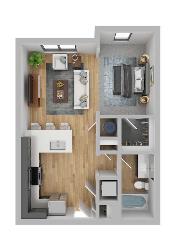 A top-down view of a modern apartment layout with a kitchen, living room, and bathroom.