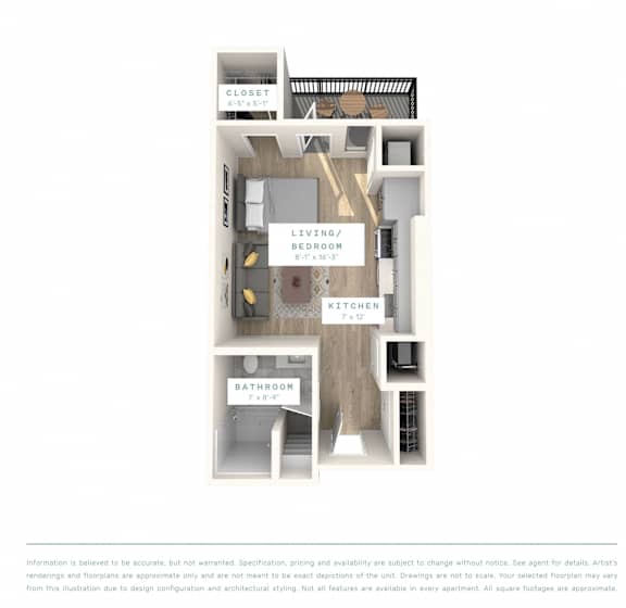 A floor plan of an apartment with a living room, kitchen, and bathroom.