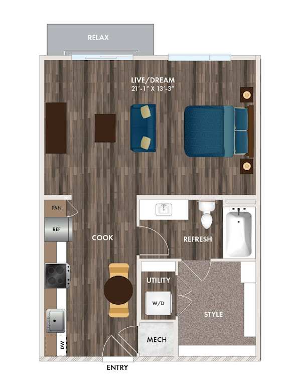 A floor plan of a room with a bed, a couch, a desk, and a chair.