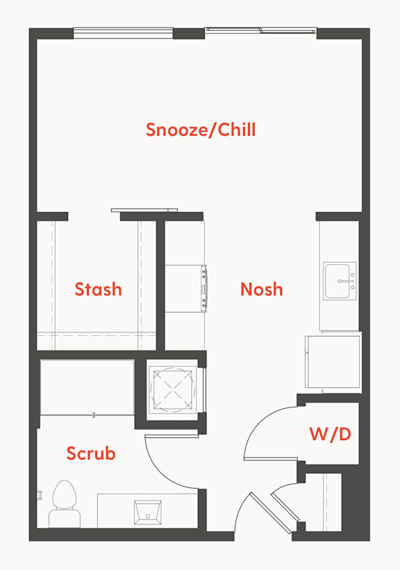 A floor plan of a room with a snooze/chill area, stash, nosh, scrub, and W/D.