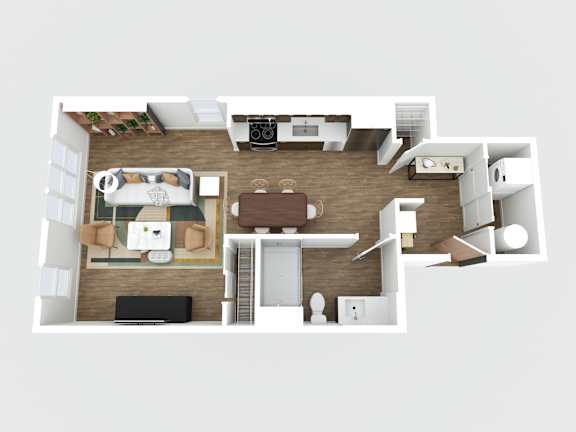 A top-down view of a modern living room with a sofa, coffee table, and television.