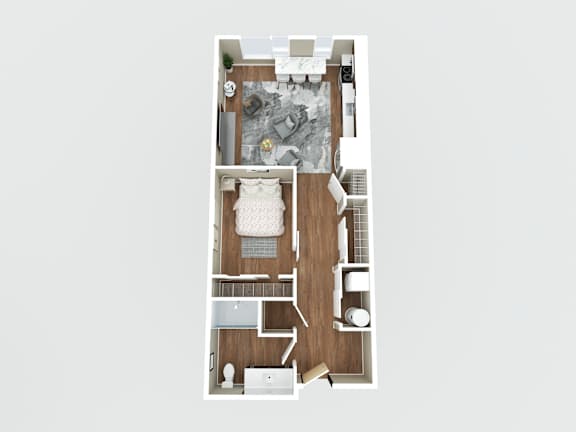 A top-down view of a kitchen with a dining table and chairs.