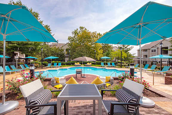 A pool surrounded by chairs and umbrellas.