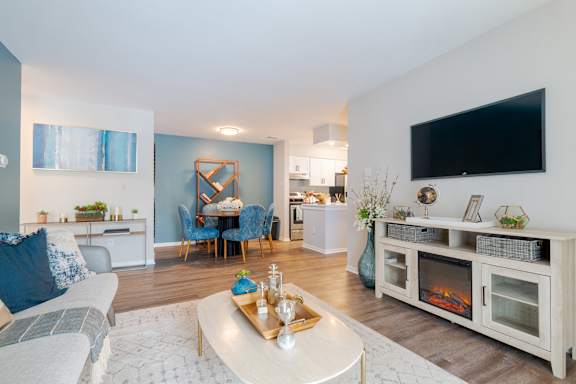 A living room with a grey sofa, a coffee table, a fireplace, and a television.
