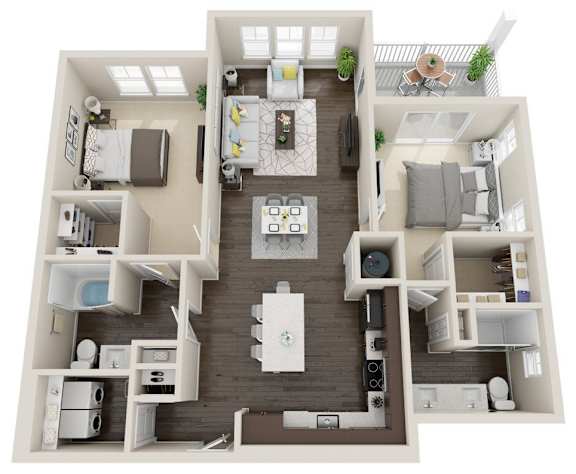 A top-down view of a modern apartment layout with a kitchen, living room, and two bedrooms.