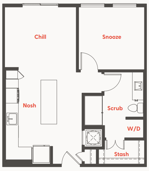 A floor plan of a room with a chill, snooze, nosh, scrub, W/D, and stash.