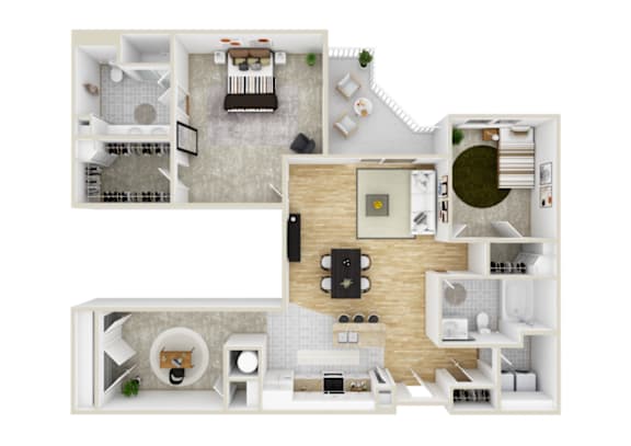 A 3D floor plan of a house with a kitchen, living room, and bathroom.