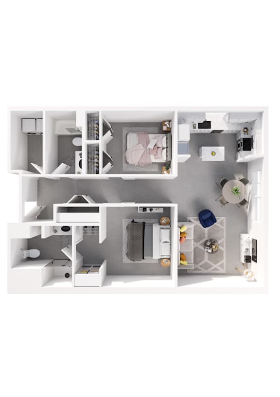 A white model of a house with a kitchen, living room, and bathroom.