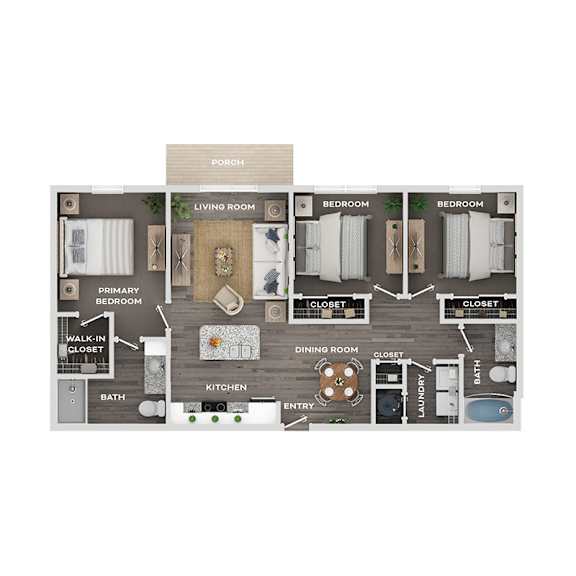 A floor plan of a house with a living room, two bedrooms, two bathrooms, a kitchen, a dining room, a porch, and a walk-in closet.