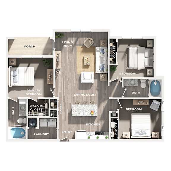A floor plan of an apartment with a laundry room, bathroom, and multiple bedrooms.