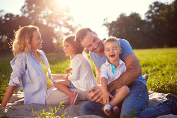 a family sitting on a blanket in a grassy field