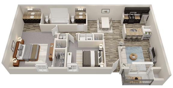 A 3D floor plan of a house with a kitchen, living room, and bedrooms.
