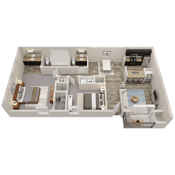 A 3D floor plan of a house with a pool.