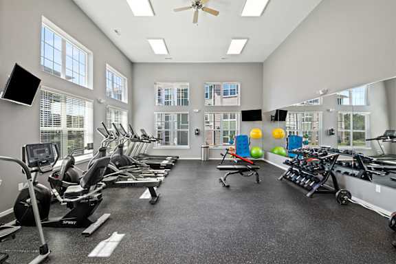 A spacious gym with a variety of cardio equipment and windows.