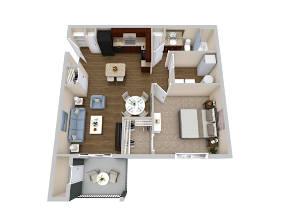 A top down view of a living room, kitchen, and dining area.